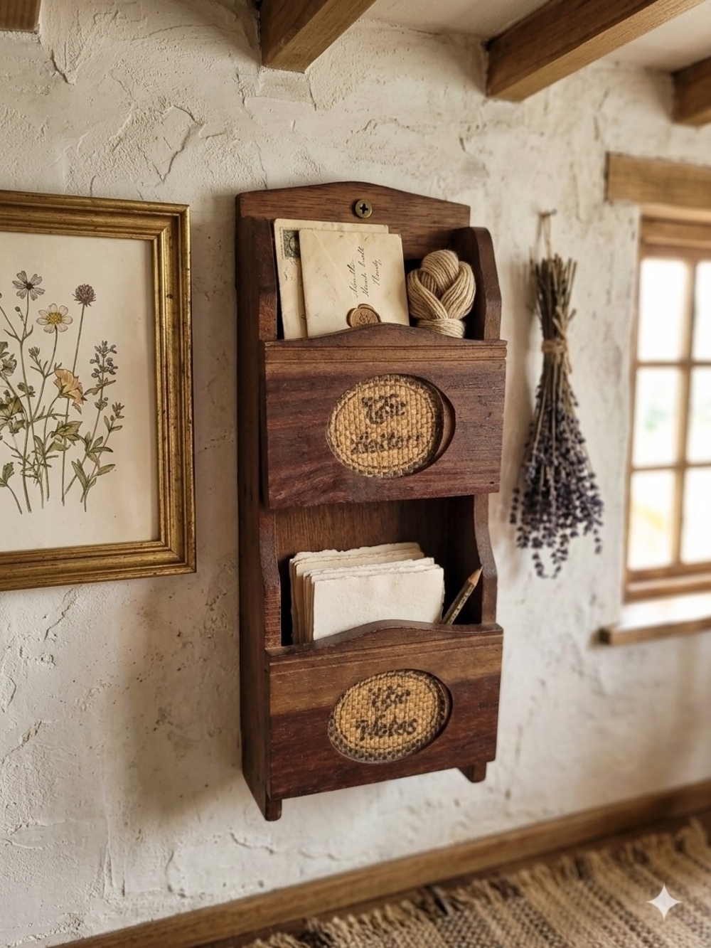 Rustic Double Pocket Wall Organizer - Dark Wood